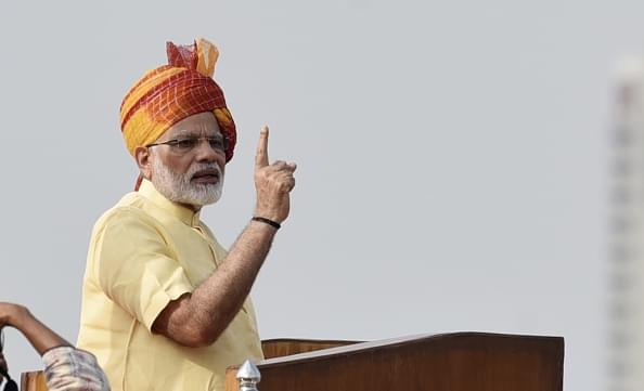 Prime Minister Narendra Modi addresses the nation on the occasion of 71st Independence Day celebrations at the Red Fort in New Delhi. (Raj K Raj/Hindustan Times via GettyImages)  
